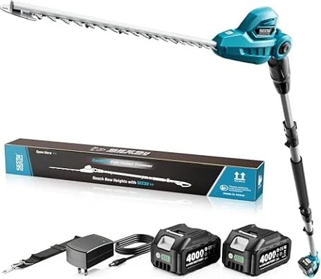 SEESII Cortasetos Telescópico Batería 20V, Cuchilla 40 cm, 2 Baterías 4,0Ah | 2,1-2,6 m Telescópico, Corte Máximo 16 mm, Potencia de 600W, Cabezal Ajustable 135°, 2400 SPM, Correa de Hombro, Monobloque