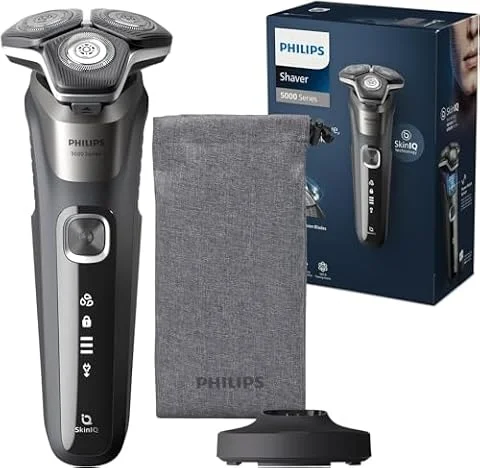 Philips Serie 5000 Afeitadora Eléctrica Hombre, Máquina de Afeitar Barba con Recortadora, 45 cuchillas, Cuida la piel, 60min de uso, En Seco y Húmedo, Recargable, Base Carga, S5887/13, Gris