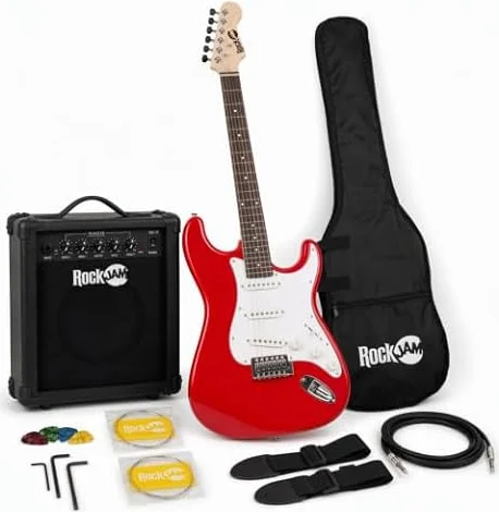 RockJam RJEG02-SK-RD - Kit de guitarra eléctrica | Kit guitarra eléctrica para principiantes con amplificador de 10 vatios, funda, correa, cable, púas y palanca