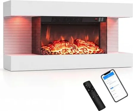 COSTWAY Chimenea Eléctrica de Pared con Repisa Flotante, Blanco,32" | 750W/1500W Chimenea Decorativa 3 Lados con 12 Colores de Llama, Luces LED, Temporizador, Control Remoto y Conexión WiFi