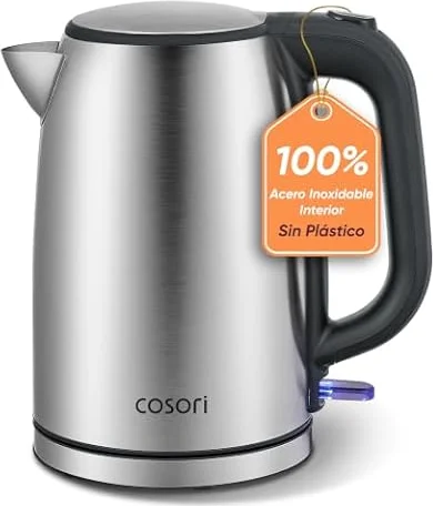COSORI Hervidor de Agua Eléctrico 1,7L Acero Inox 304, 2200W, Sin Plástico | Sin Plástico en Contacto con el Agua, Ebullición Rápida, Termostato Strix, Base 360°, Apagado Automático