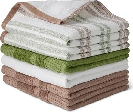 Amazon Basics Paños de Cocina de 100% Algodón Orgánico con Textura de Gofre - Ultraabsorbentes, Secado Rápido, Sin Pelusa, 38 x 64 cm, Pack de 6 (Surtido Verde, Marrón, Blanco)