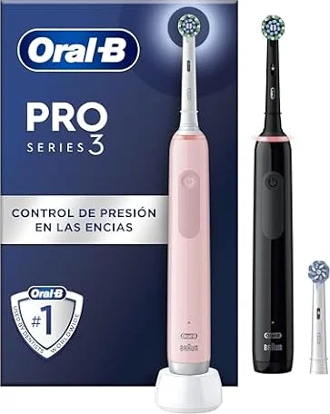 Oral-B Pro 3 3900N Cepillos de Dientes Eléctricos, Negro y Rosa, Pack de 2 | con Mango Recargable Y 3 Cabezales de Recambio, 3 Modos de Cepillado con Modo Sensible, Temporizador, Diseñado por Braun