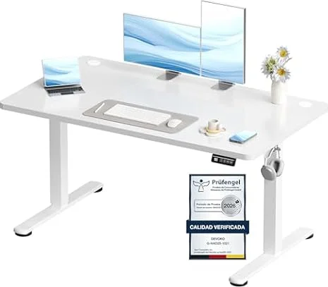 Devoko 120x60 cm Escritorio Regulable en Altura, Escritorio Elevable Eléctrico Telescópico Bidireccional, Escritorio de Oficinay Hogar, para Estudio en Casa con Tablero Ensamblado, Blanco