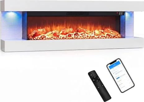 COSTWAY Chimenea Eléctrica de Pared con Repisa Flotante, Blanco,50" | 750W/1500W Chimenea Decorativa 3 Lados con 12 Colores de Llama, Luces LED, Temporizador, Control Remoto y Conexión WiFi