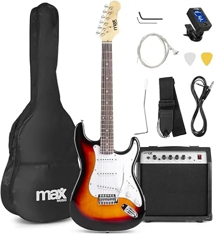 MAX GigKit - Guitarra eléctrica de iniciación color sunburst clásico | 3 pastillas single coil versátiles para rock, funk y pop, amplificador de 40W, incluye funda, correa y afinador digital