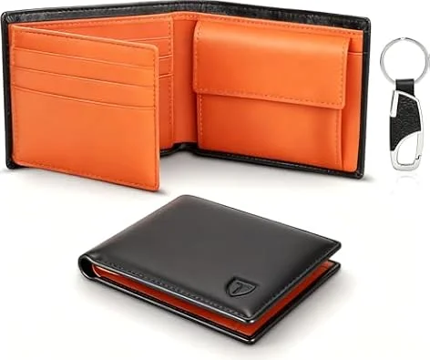 TEEHON Cartera para Hombre, Monedero con RFID & Llavero - Naranja Negro | Billeteras para Hombre con 10 Ranuras, 2 Compartimentos para Billetes, 1 Bolsillo para Monedas con Botón, Regalo Caja