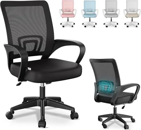JUPPLIES Silla Escritorio Ergonomica - Silla Oficina con Apoyo Lumbar, Estructura de Plastico, Malla Transpirable, Ruedas Giratorias 360° Soporta hasta 110kg