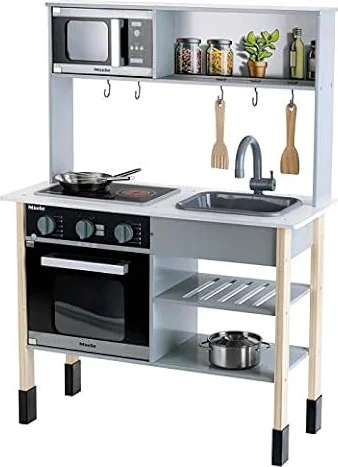 Theo Klein 7199 Cocina Miele, Cocina Blanca de Madera Que Incluye Placa de cocción, Medidas 70 cm x 30 cm x 91 cm, de Acero Inoxidable y Madera, Juguete para niños a Partir de 3 años