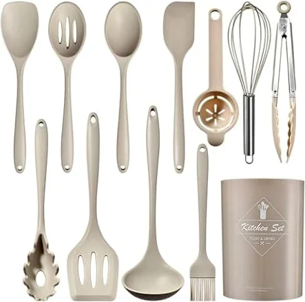 Juego de utensilios de cocina de silicona (12 piezas) con mango de acero inoxidable resistentes al calor y antiadherentes con soporte para utensilios aptos para lavavajillas color Caqui (sin BPA)