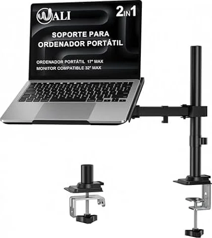 WALI Soporte de Escritorio para portátil con Bandeja, Brazo Totalmente Ajustable para 1 portátil de hasta 17 Pulgadas, Soporte para portátil con refrigeración ventilada, Opciones de Montaje duales,