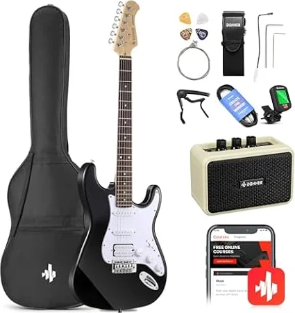 Donner Guitarra Eléctrica 39 Pulgadas HSS con Amplificador, Negro, DST-100B | Set Completo para Principiantes con Amplificador, Bolsa, Capo, Correa, Sintonizador, Cable y Púas para Empezar a Tocar