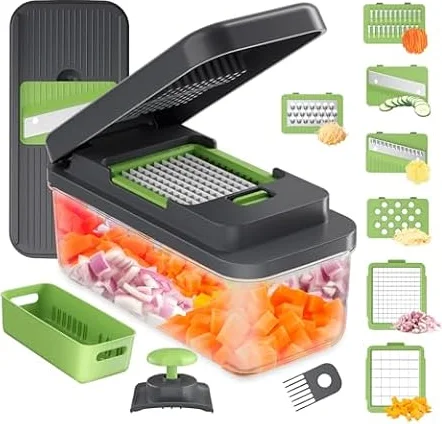 Ibergrif M524-7 Cortador de Verduras, Mandolina 7 en 1 Multifunción | Con Recipiente, Sin BPA, Cuchillas de Acero Inoxidable, Apto para Lavavajillas, para Frutas, Verduras y Cebollas