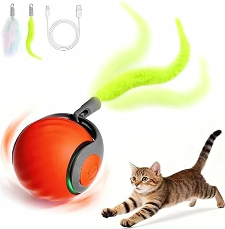 Juguetes Interactivo Pelota para Gatos,Speedy Tail 2.0 Juguete Eléctrico Bola Gatito con Cola de plumas, 2 Modos Inteligente Rodante Automático Peloto para Gatito Juguetes de Interior-Naranja