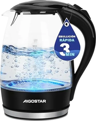 Aigostar Hervidor de Agua Electrico de Cristal 1.7L Luz LED Sin BPA 2200W | Tetera Electrica, Vidrio Borosilicato, Proteccion Contra Ebullicion En Seco, Base 360 Grados, Filtro, Para Casa Oficina
