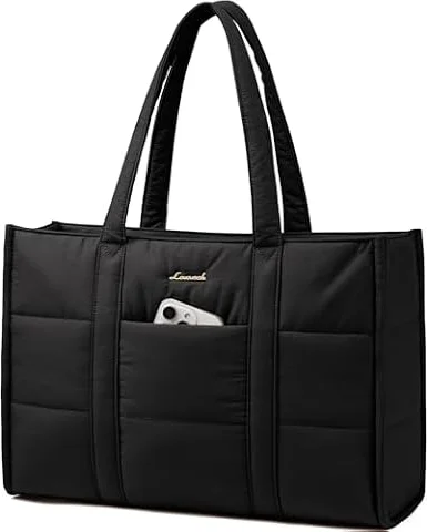 LOVEVOOK Bolso Mujer Grande, Puffer Bolso Tote Bag Bolsos para Universidad Shopper, 15,6 Pulgadas Bolso Portatil Ordenador para Trabajo Oficina Universitarias, Negro