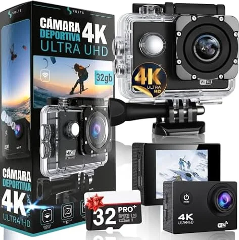 VOLTE® Camara Deportiva 4K Ultra HD con Estabilizador Optico | Camara Acuatica Sumergible 30 Metros + Estuche Antigolpes | WiFi 5.0 | Tarjeta 32GB Incluida | 170° Gran Angular | Action Camera