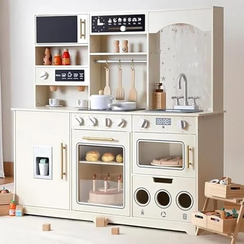 besrey Cocina De Juguete De Madera 105 cm con Luz Y Sonido, Beige | Con microondas, cafetera, máquina de hielo, 15 accesorios y juego de rol, ideal como regalo para niños desde 3 años.