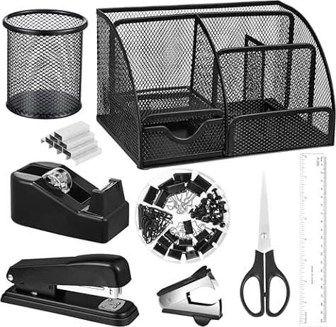 Organizador de escritorio negro y accesorios, kit de suministros de oficina incluye organizador de escritorio de malla, grapadora, dispensador de cinta de 1000 grapas, soporte para bolígrafos, clips