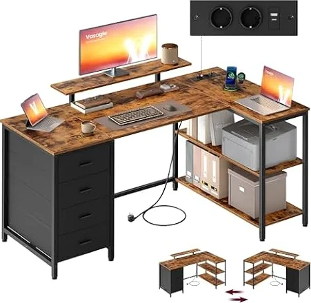 VASAGLE Escritorio Esquinero en L con Enchufes, 4 Cajones, 140x80x90 cm | Escritorio Gaming, Diseño Reversible, Estantes Ajustables, 2 Puertos USB, Marrón Rústico y Negro, Colección BARNET LWD172KD01