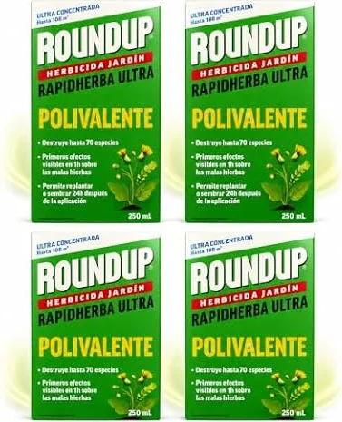 PACK x4 ROUNDUP Herbicida para todo tipo de malas hierbas cubre hasta 108 m2 | 4 Envases de 250ml | Formula Concentrada | Efectos en 1 hora | Elimina hasta 70 especies de hierbas/musgo | Nexum Market