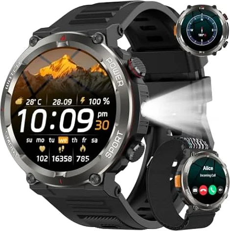 Smartwatch Hombre, Reloj Inteligente Hombre con Linterna, Brújula,2 Correas | 1.45" Smartwatch con Llamadas Bluetooth, Sueño, Podómetro,Oxímetro, 120+ Modos Deportivos, Pulsera Actividad Impermeable IP68