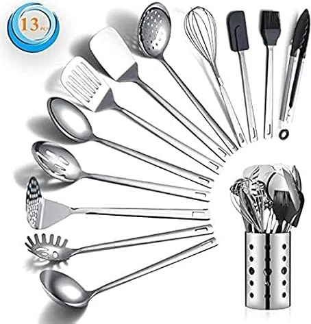 Berglander Juego de utensilios de cocina de acero inoxidable, 13 cucharas de cocina con soporte para utensilios, antiadherente y resistente al calor, apto para lavavajillas (13 paquetes)