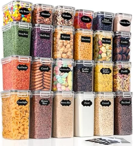 GoMaihe Juego de 24 tarros herméticos tapa: tarros para guardar alimentos con etiquetas y marcadores | Cajas de cocina para cereales y copos de maíz | Sin BPA | Apto para lavavajillas