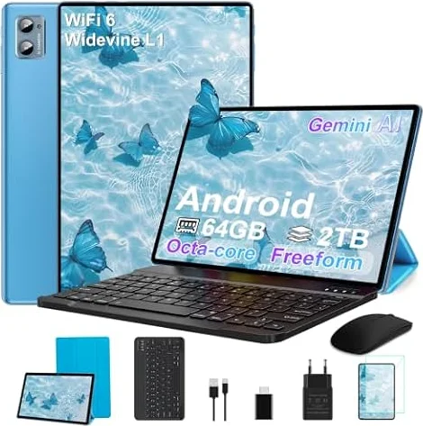 SUAAT 2026 Tableta 10 Pulgadas con Android Octa Core, 64 GB ROM + 2 TB TF | 5G + 2,4G WiFi |GMS| Bluetooth 5.0 |8 MP + 5 MP | Tipo C, Tableta táctil con Funda, Teclado y ratón-Azul