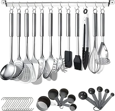 Berglander Juego de utensilios de cocina de 38 piezas de acero inoxidable, utensilios de cocina con soporte para utensilios y ganchos para colgar aptos para lavavajillas
