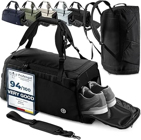 bemaxx Bolsa Deporte Hombre Mujer Bolsas de Viaje con Función de Mochila Compartimento para Zapatos y Ropa Mojada | Bolsa de Deportiva Fitness Gimnasio Gym Natación Piscina Duffle Bag | 60 L, Negro