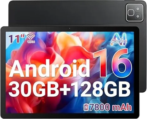 Tableta Android 16, 30GB + 128GB (ampliable a 1TB), tableta de 11 pulgadas con Bluetooth 5.3, WiFi 6, cámara dual, 5 núcleos, 5 MP + 8 MP, 7800 mAh, tabletas con modo teclado, luces arcoíris(negro)