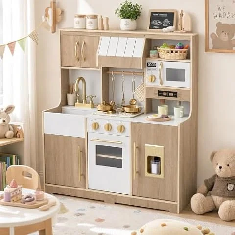 COSTWAY Cocina Juguete de Madera | Juego de Cocina Infantil con Grifo, Fregadero, Estufa con Luz y Sonido y Máquina de Hielo para Niños de 3+ Años