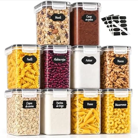 GoMaihe 1.6L Botes Cocina, Juego de 10 Piezas de Recipiente de Botes Cocina Almacenaje de Plástico de Alimentos Sellados con Tapa, Se Utiliza para Almacenar Cereales, Pasta, Arroz, Harina, Etc