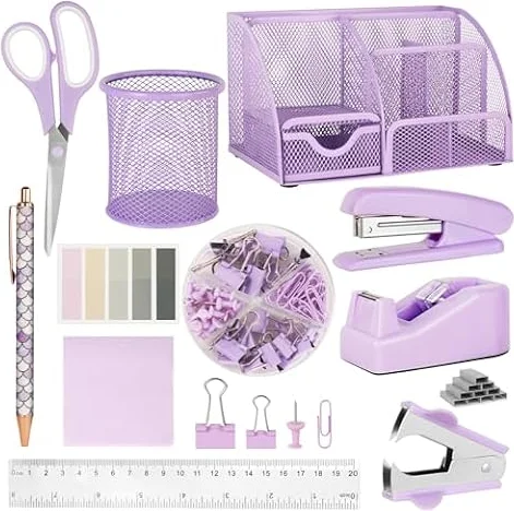 OFFCUP Kit de Papelería de Oficina, Juego de Suministros de Oficina con Organizador de Escritorio, Grapas, Cinta, Qquitagrapas, Tijeras, Regla, Portalápices y Notas Adhesivas (Morado)
