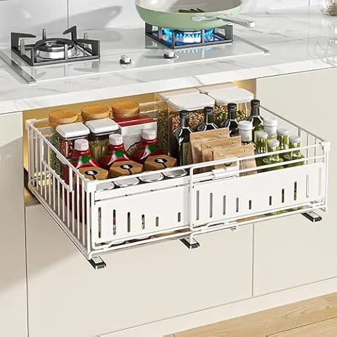 YunNasi Organizador Gabinete, Blanco, 2Bloque 38Dx17Hx32-50H CM | Estantes de Almacenamiento Deslizantes, Cesta Deslizante para Cocina, Sin taladrar ni clavar