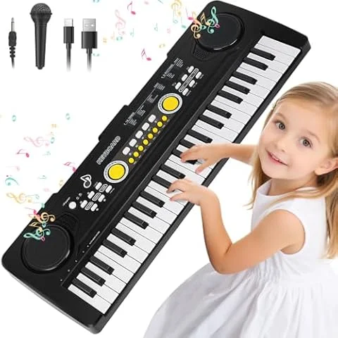 QiquBox Piano Teclado Infantil Juguetes 49 Teclas con Micrófono | Teclados Electrónicos para Edades 3-5, Juguete Musical Regalos para Niños y Niñas de 3 4 5 6 7 Años