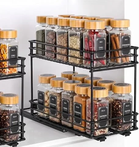 Cozary Organizador De Especieros Para Cocina Con 2 Niveles Extensible - Especiero Cajón Con Sistema De Rodamientos, Fácil Instalación, Material Duradero Para Almacenamiento En Gabinetes (26*15*21.8cm)