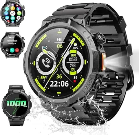 Reloj Inteligente Hombre con Linterna, Militar Smartwatch 1000mAh Negro | 1.53'' Reloj Deportivo, IP68, Llamadas Bluetooth/Monitor de Sueño/Pulsómetro, 100+Modos Deportivos para Android iOS