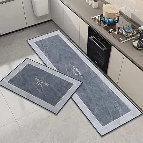 OPLERT Alfombra de Cocina 2 Piezas, Juego de Alfombrillas de Cocina Antideslizantes Lavables, Resistente al Agua y a las Manchas, Gris, 43x75+43x120cm