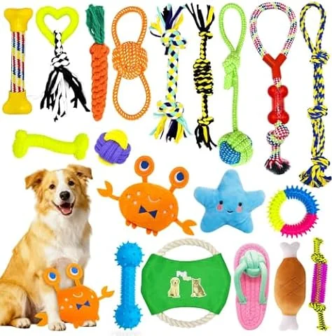 Juguetes para Perros, 19pcs Juguete para Morder para Perro, Juguete Perro | Cuerda de algodón100% Natural,Juguetes para chirridos,Bolas de Perro,Huesos de Perro,Cuerdas para Perro,19unidades