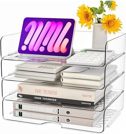 4 Bandejas De Acrílico para Cartas, Transparentes, Apilables | Organizador De Escritorio Versátil – Documentos A4, Cartas, Libros, Facturas, iPad – Gran Capacidad, Casa, Oficina, Escuela