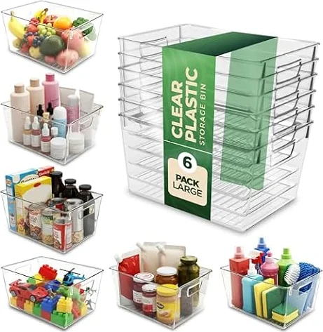 KICHLY Organizadores de Despensa y Contenedores de Almacenamiento, Pack de 6 Transparentes con Asas para Cocina, Armario, Nevera Sin BPA, Contenedores Apilables para Almacenamiento de Alimentos