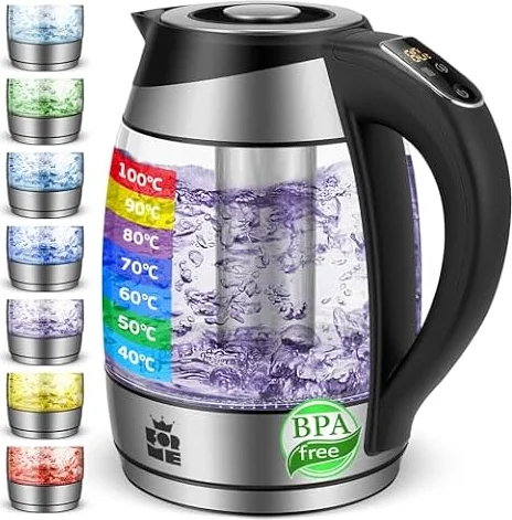 ForMe Hervidor Eléctrico de Vidrio Agua 1,8L, Control de temperatura, Temperatura ajustable de 40°C a 100°C, Iluminación LED de 7 Colores, Función de Mantener Caliente, Libre de BPA