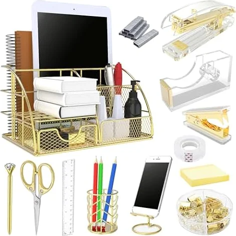 YOLOZAI Organizadores de escritorio de oficina, 13 piezas de suministros de oficina y accesorios, organizador de escritorio, grapadora, removedor de grapas, clips, tijeras, soporte para teléfono,