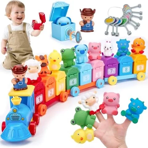 hahaland Tren de Juguetes Niños 1 Año, Tren Juguete Montessori 2 años | Incluye Animales Rurales, Marionetas de Dedo, Llave de Granero, Coches de Juguetes para Niños 1 2 3 años