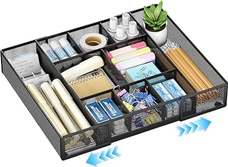 VITVITI Organizador de Cajones de Escritorio Expandible con 10 Compartimentos Ajustables, Organizador de Cajones de Escritorio de Malla para Oficina y Hogar, Almacenamiento de Papelería, Negro