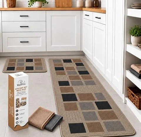 KRAPPS Alfombra Cocina Lavable Antideslizante Efecto Lino - Set de 2 Alfombras Cocina y 2 Trapos Microfibra, Ideal para Fregadero, Encimera, Pasillo, Alfombra Lavable 150x45 y 50x45cm